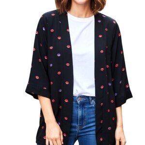 Melissa McCarthy Seven7 Kimono Women’s L Black w/Red Lips Topper Duster Pockets